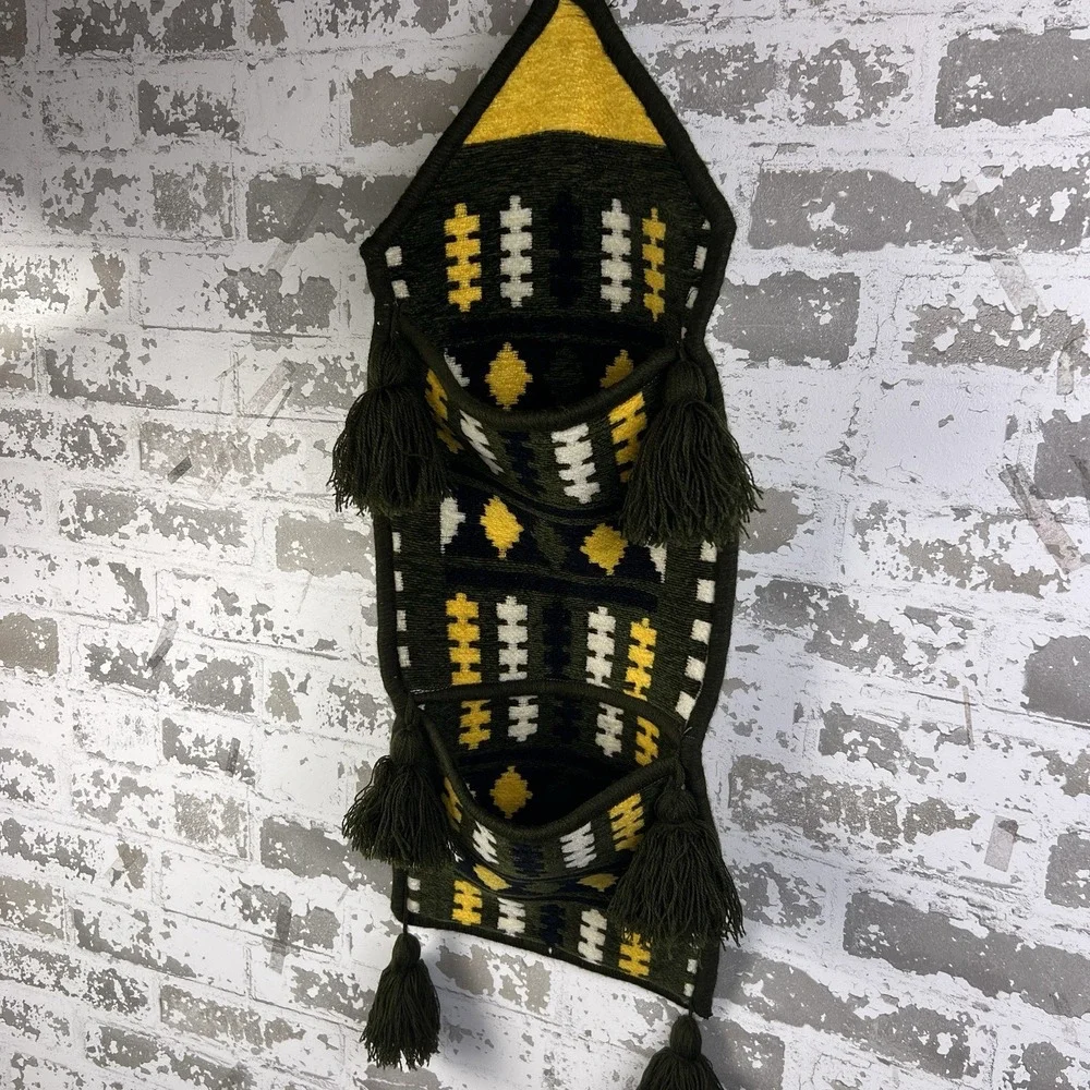 Vintage Syrian Wool Kilim Hanging Wall Pocket Hand Woven Green Gold Tassels 24